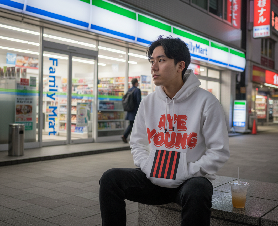 Person wearing a hoodie with 'Aye Young' text sitting in front of a FamilyMart store.